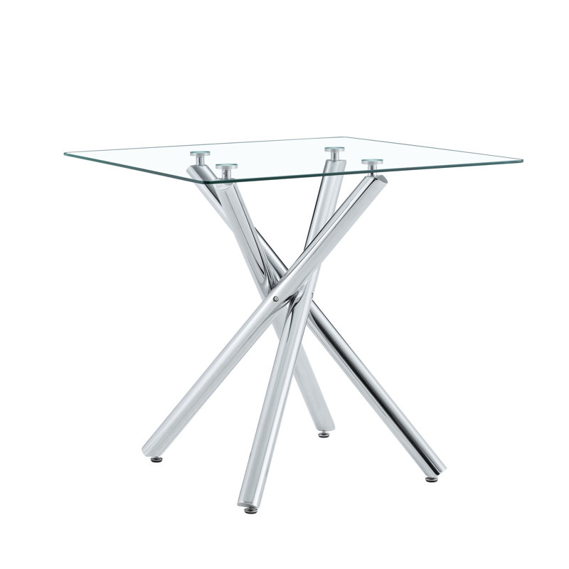 Table de bar moderne avec pieds en métal galvanisé avec plateau en verre trempé, table de pub robuste à pieds croisés, Argent