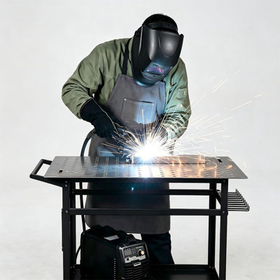 Table de soudage 91 x 61 cm, capacité de charge de 363 kg, établi de soudage robuste en acier avec trous de fixation, fentes pour outils et plateau de rangement pour le travail des métaux