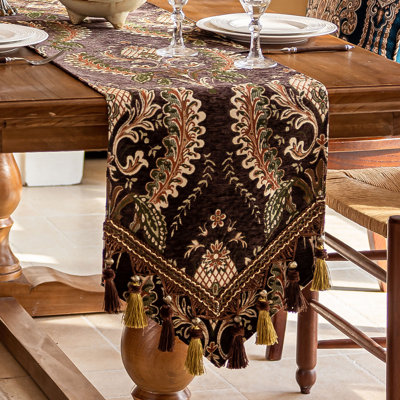 Chemin de table vintage en chenille à motif floral antidérapant avec pompons perlés, Mandalay, brun foncé, 33 x 229 cm