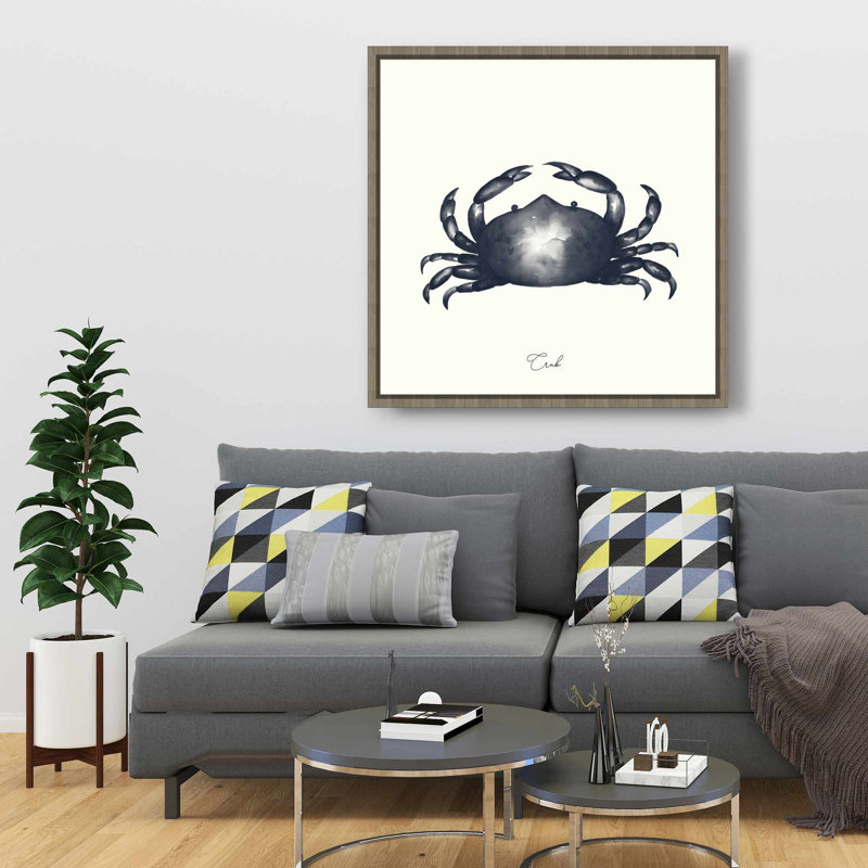 Crabe bleu - Toile encadrée beige marine pour la décoration intérieure