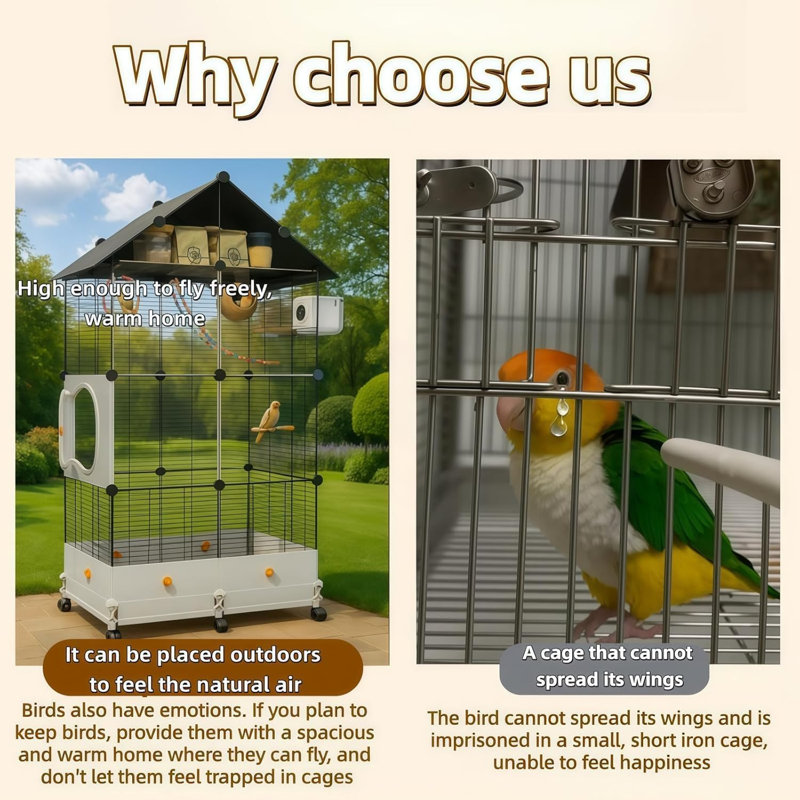 Cage à vol d'oiseau de 60 po de large, équipée d'un nid d'oiseau, d'une échelle, d'une balançoire, d'une mangeoire, etc. avec des roulettes pour faciliter le déplacement à l'extérieur