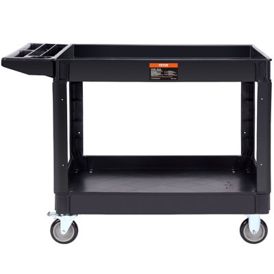 Chariot utilitaire, chariot utilitaire roulant en plastique robuste à 2 tablettes de 550 lb avec roues pivotantes à 360 ° (2 avec freins), grande tablette à lèvres, poignée de rangement ergonomique pour entrepôt / garage / nettoyage