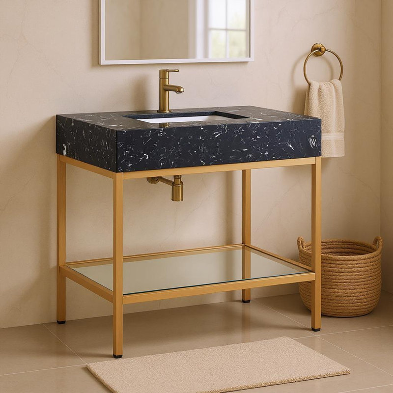 Marmo 36" Single Bathroom Vanity, Brushed Brass, Black