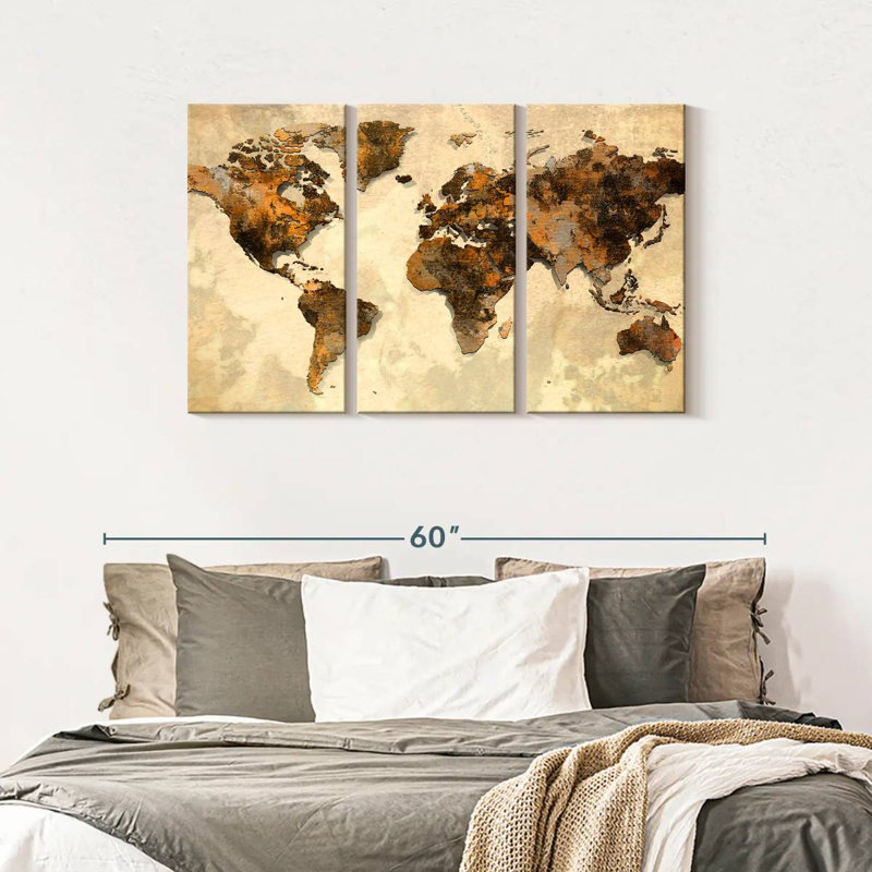 Ensemble de carte du monde rustique sur toile 3 pièces, H 28 po x l 45 po x P 1,25 po