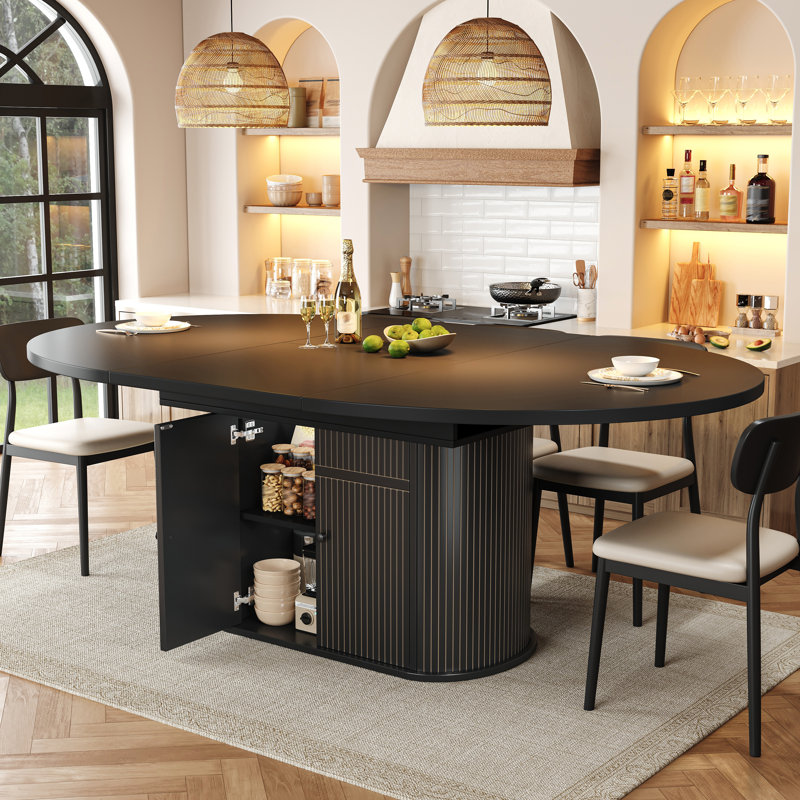 Extendable Dining Table 118–158cm with Storage Pedestal & Adjustable Shelves, Black