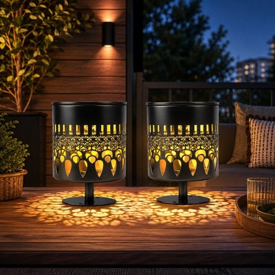 2-Pack Peacock Feather-2 Solar Fence Lights | Metal Waterproof Warm Yellow LED Wall, Deck and Step Decor for Garden Posts, Patios, Backyards and Yards