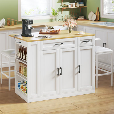 43" Rolling Kitchen Island With Hidden Wheels & 2 Stools by Ebern Designs
