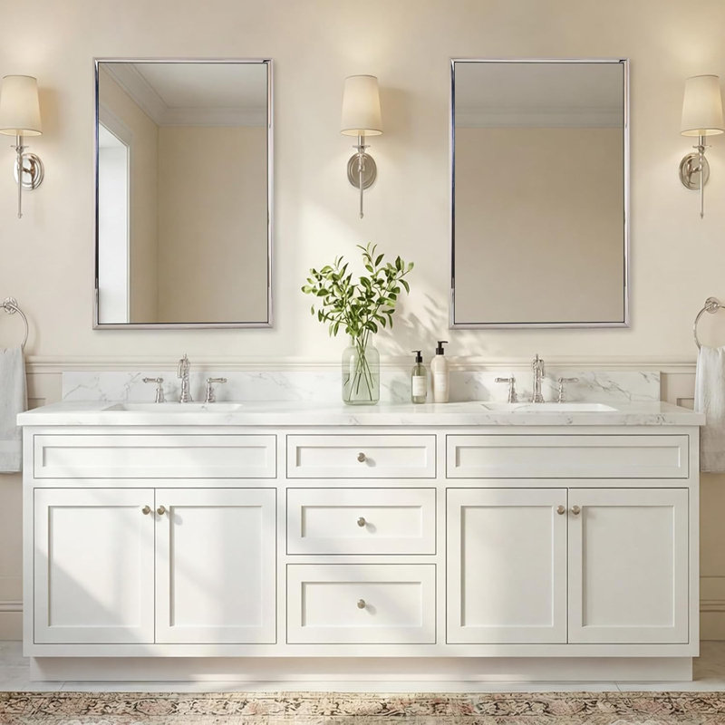 Modern Rectangular Bathroom Vanity Mirror with Beveled Edges | Stainless Steel Frame, 36" x 24", Polished Chrome