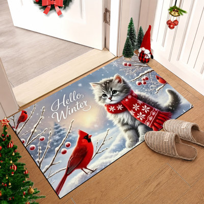 Tapis de porte de Noël antidérapant pour l'intérieur et l'extérieur, 61 x 91 cm, motif de chaton cardinal rouge hiver