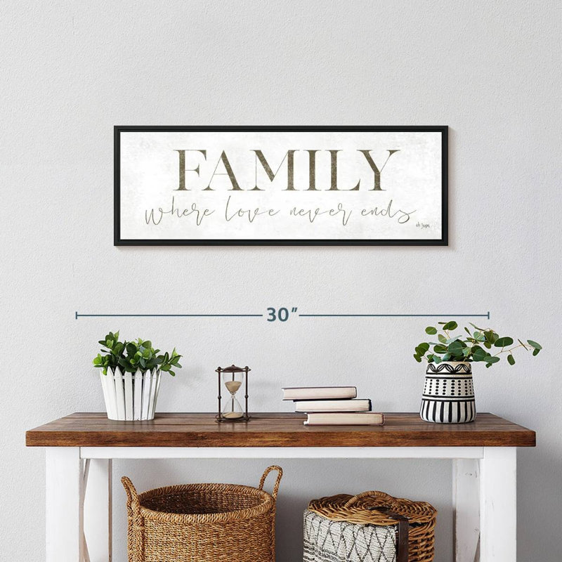 Plaque murale «Family Where Love Never Ends», 25 po x 9 po, Cadre flottant noir