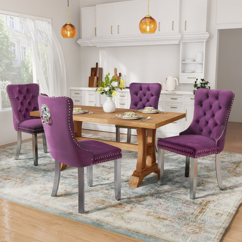 High-end Tufted Velvet Upholstered Nailhead Dining Chair, Purple, Sliver