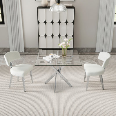 Ensemble repas 3/4 pièces, table en verre et chaises en velours 2/4, pieds de table chromés, moderne pour les petits espaces, cuisine, salle à manger