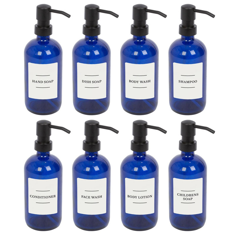 Glass Soap Dispensers with Labels - 500ml, Blue/White