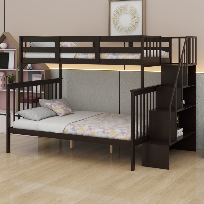 Bunk Bed With Storage Stairway And Guard Rail For Bedroom, Espresso