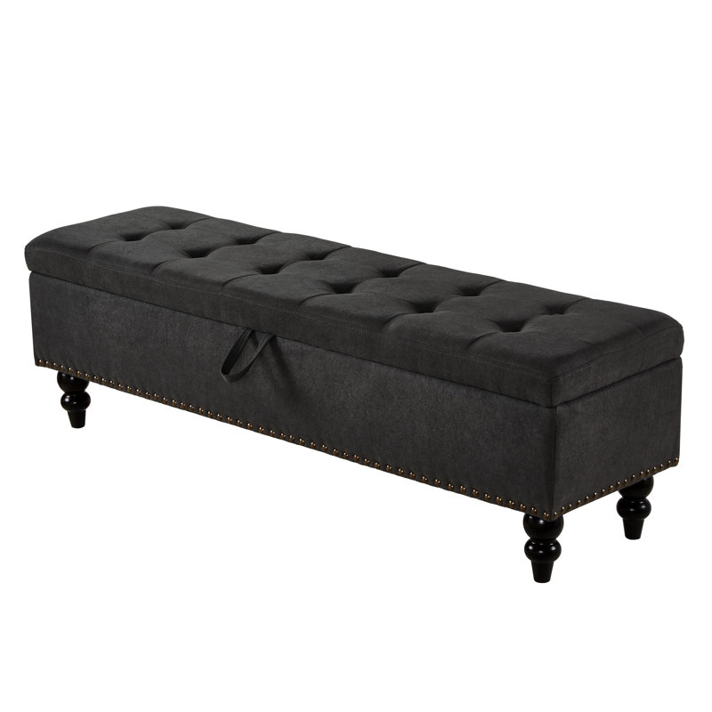 59" Hallway Bench With Grey Fabric Storage - Neat And Functional Bed Button Tufting For Living Room &, Gray