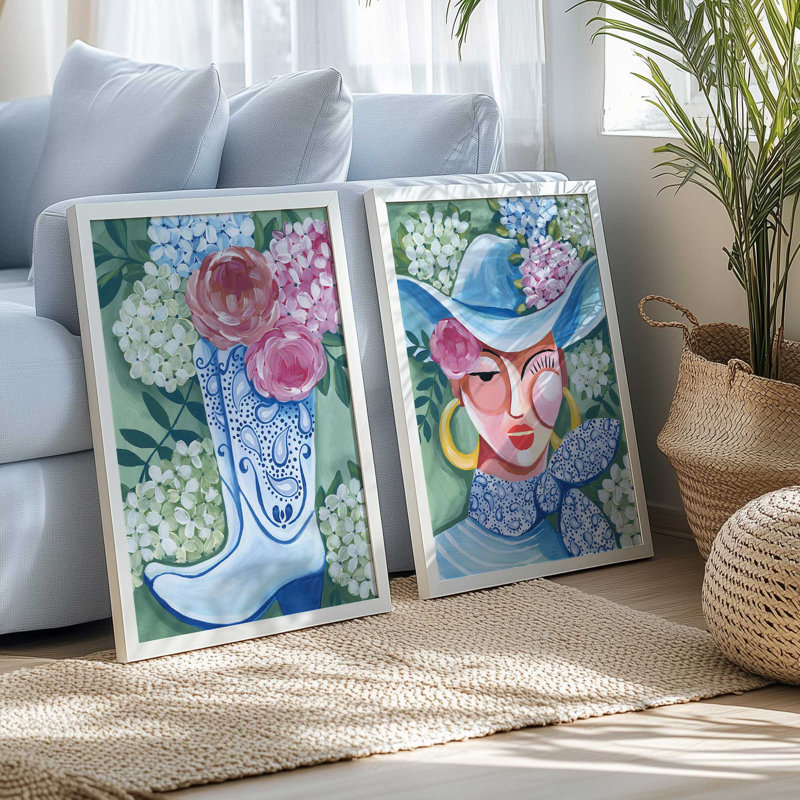 Ensemble de 2 bottes en fleurs, 24" x 18", Impression encadrée, Noyer