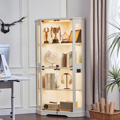 Vitrine d'angle de style champêtre avec serrure, 4 portes vitrées et éclairage à détecteur de mouvement