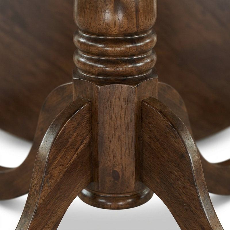 Ensemble de salle à manger rond 3 pièces avec chaises à dossier haut, en bois d'acacia beige brumeux noyer antique et tissu lin.