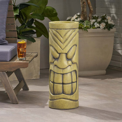 Pot à fleurs antique statue en pierre verte, conception de totem tiki décoratif pour jardins et patios extérieurs