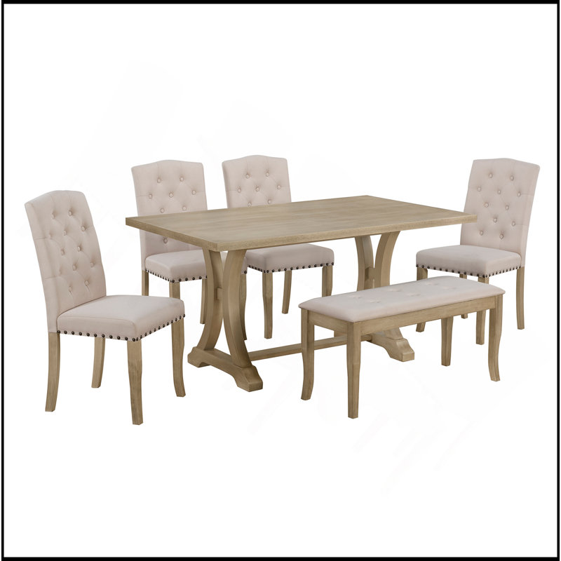 Ensemble de table de salle à manger 6 pièces, table à tréteaux rectangulaire, 4 chaises rembourrées et banc pour la salle à manger