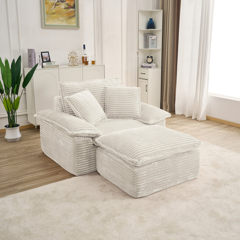 47.61" Upholstered Single Chaise Lounge Corduroy Armchair With 2 Throw Pillows - No Assembly Required, Beige