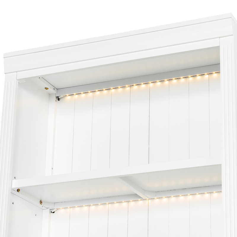 Bibliothèque blanche de 83,4 po de hauteur avec éclairage à DEL, 2 portes en verre, 1 tiroir et 3 tablettes ouvertes pour la décoration de la chambre à coucher