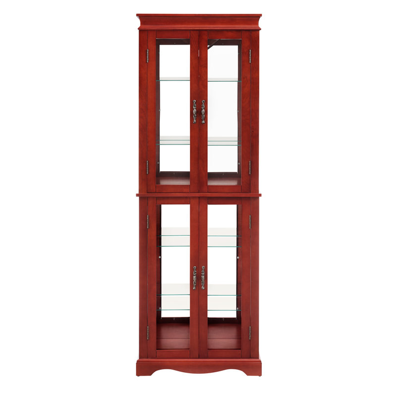 Cherry Finish Display Cabinet With Illuminated Shelves, Adjustable, Movable Partition For Pantry Intricate Function -