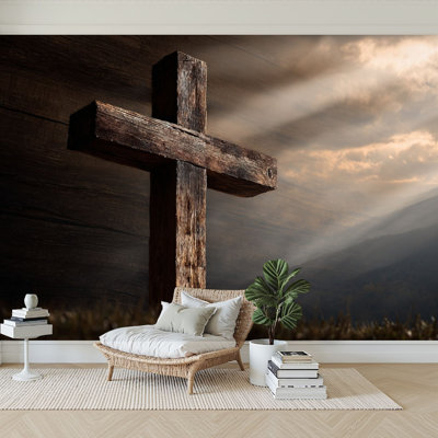 Peel and Stick Wallpaper Modern Self Adhesive Wall Mural For Bedroom Christ Cross Christian Wooden Cross Sky Dramatic Light