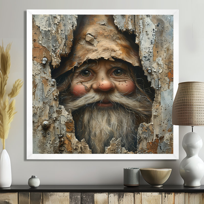 Beige gnome espion dans une enceinte en bois - art mural gnome, Cadre photo blanc simple, bois massif, H 30 po x l 30 po