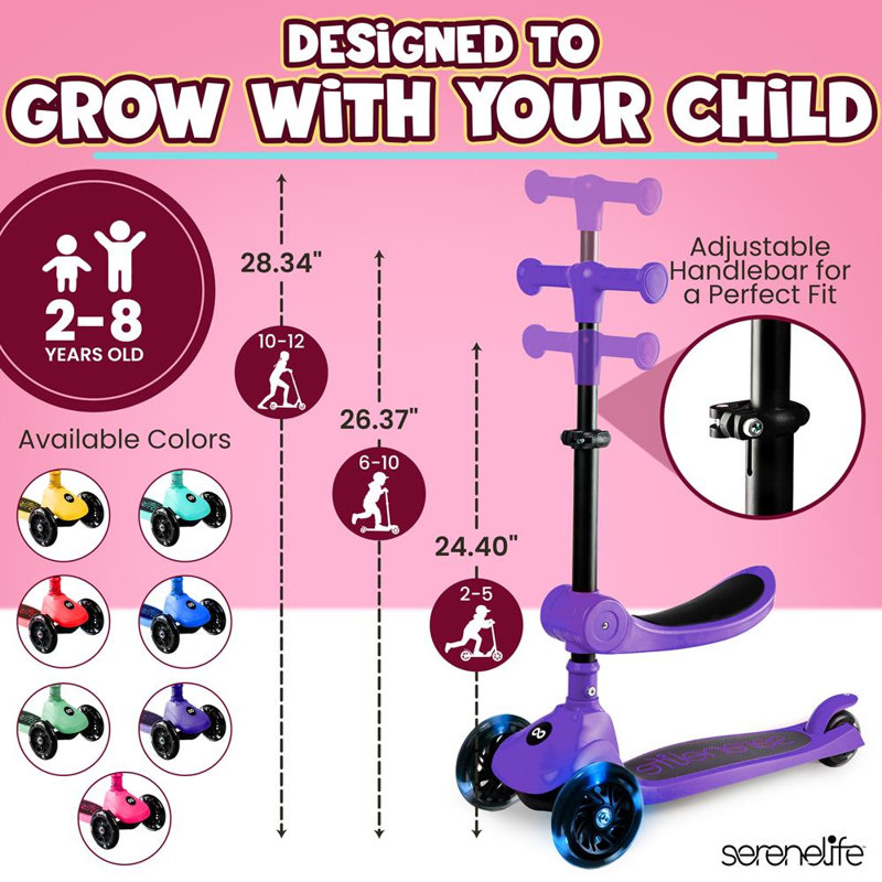 Scooter pliable à 3 roues pour enfants - Scooter jouet pour enfant avec lumières à DEL intégrées, siège pliable et technologie Lean-to-Steer facile à manœuvrer (mauve)