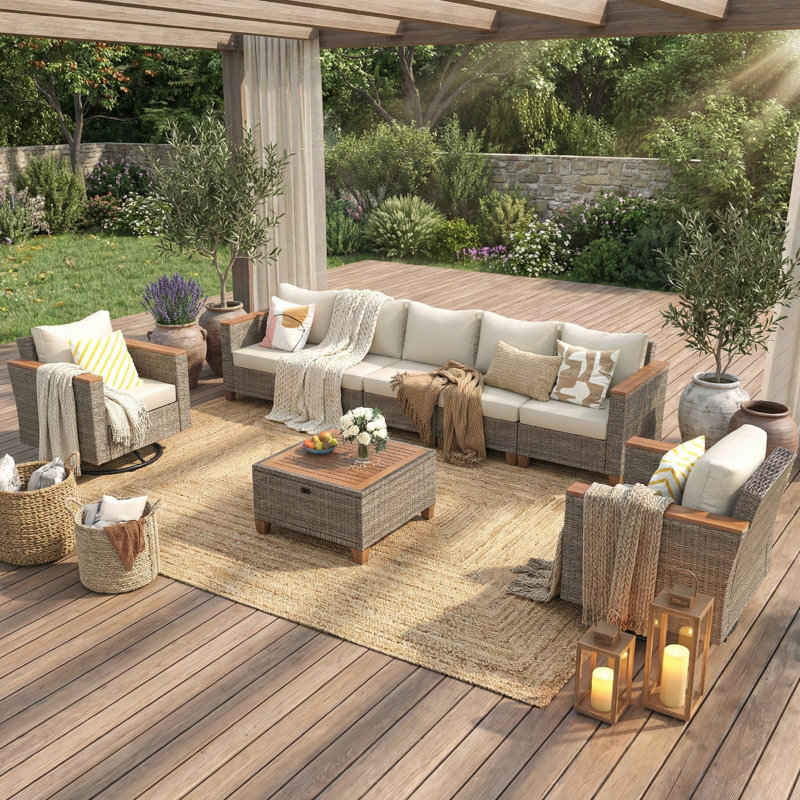 8-Piece Wicker Outdoor Patio Furniture Set with Thick Cushion, Patio Wicker Conversation Set for Backyard, Beige