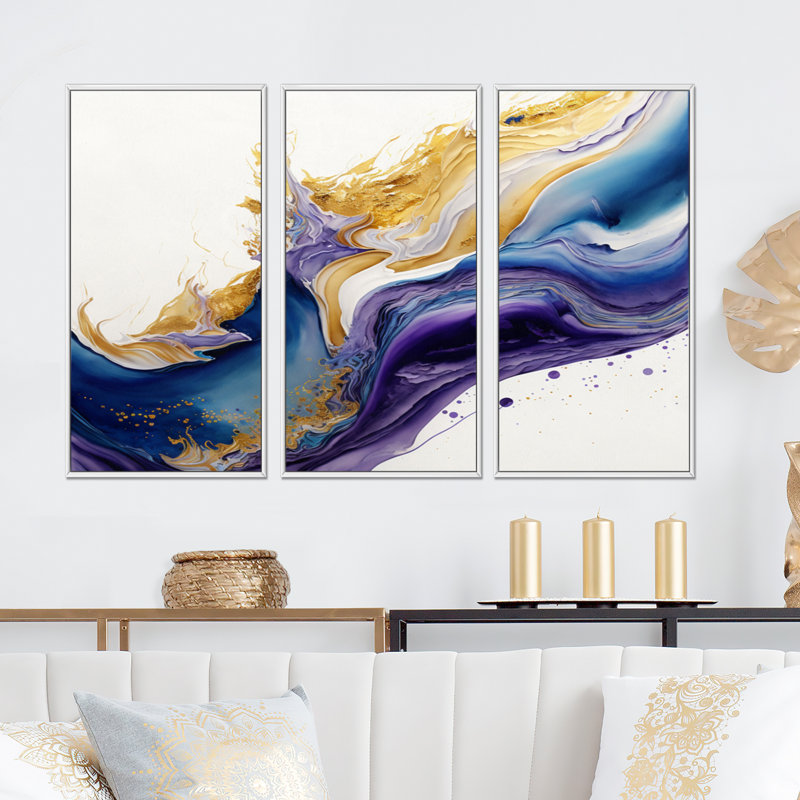 «Diellza Blue, Gold and Purple Splash V», reproduction sur toile 3 pièces, H 32 po x l 48 po, Cadre flottant blanc