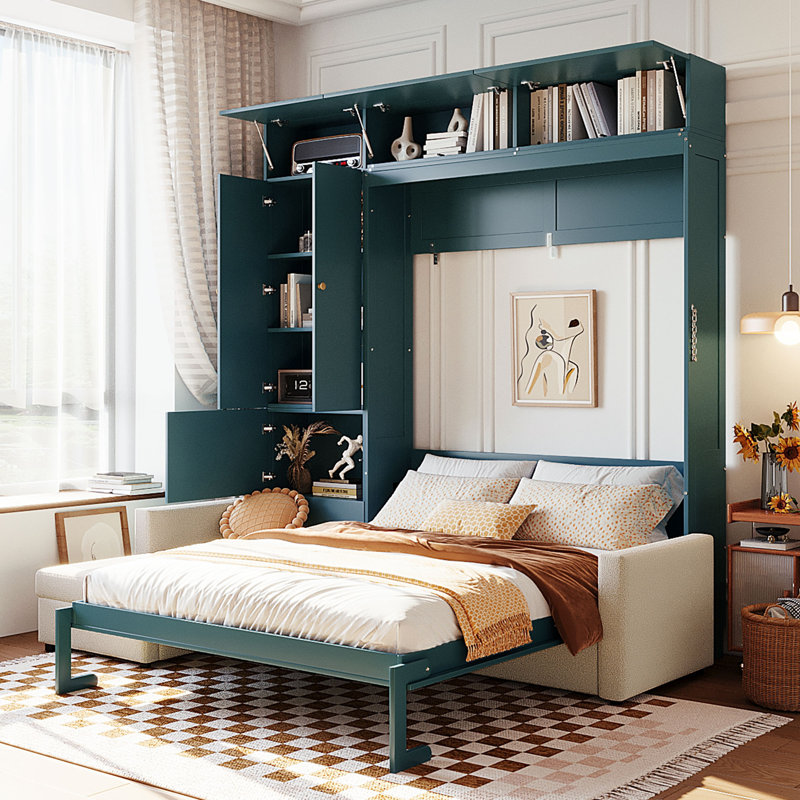 Lit escamotable moderne avec canapé et rangement, Vert