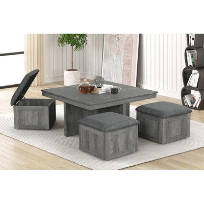 5PC  Coffee Table Set Square Shape Coffee Table Faux Marble Top  Lift Top 4 Stool Storage MDF