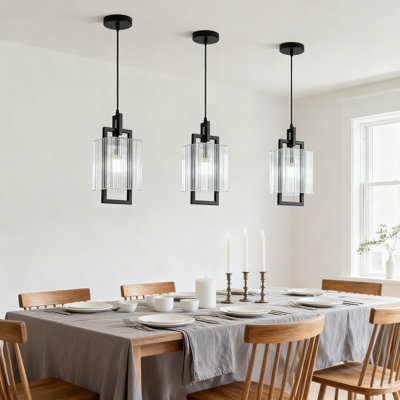 Modern Square Pendant Light With Clear Glass And Matte Black Finish Adjustable Hanging Fixture For Kitchen Island Dining Room Hallway