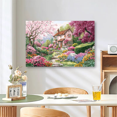 «Cottage Garden» rempli de roses en fleurs, grande reproduction d'art sur toile tendue pour le salon et la chambre à coucher