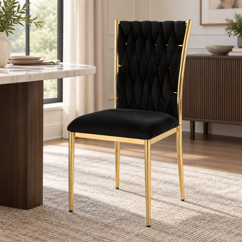 Ensemble de 2 chaises de salle à manger modernes en velours noir avec pattes en métal plaqué or pour salle à manger, cuisine ou chambre.