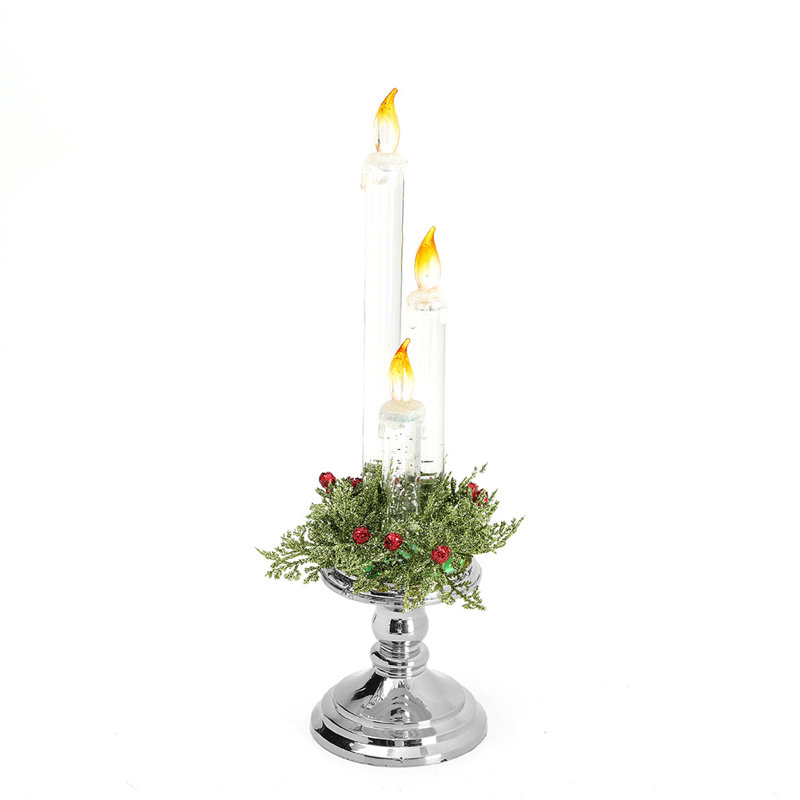 Unscented Flameless Taper Candle, Transparent/Silver/Green