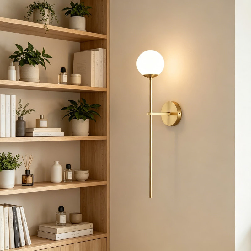 Applique murale moderne Mid-Century avec globe en verre blanc et finition laiton brossé, luminaire de meuble-lavabo réglable pour la salle de bain, la chambre à coucher et le salon