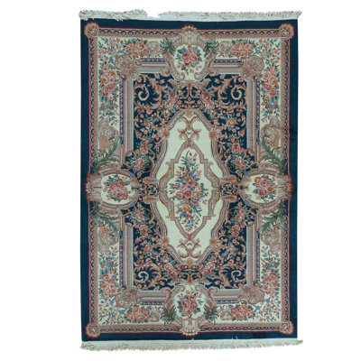 Tapis unique beige / crème / bleu noué à la main de haute qualité