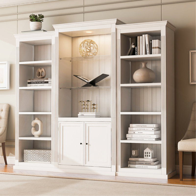 78.75'' Tall 3-Pieces Bookcase Display Cabinet With 5 Colors Adjustable LED Ceiling Light, Retro Style Bookshelves With Tempered Glass Shelves For Living Room, Office, Studio Or Workspace, White
