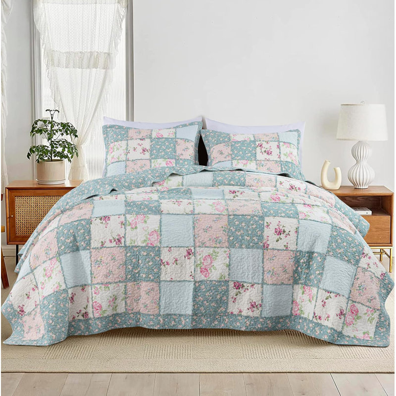Pre-Washed Cotton Floral Ruffled Patchwork Quilt Set, King Quilt + 2 Standard Shams, Multicolor