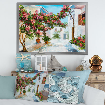 Maison blanche avec des fleurs en fleurs près de la mer - Peinture sur toile