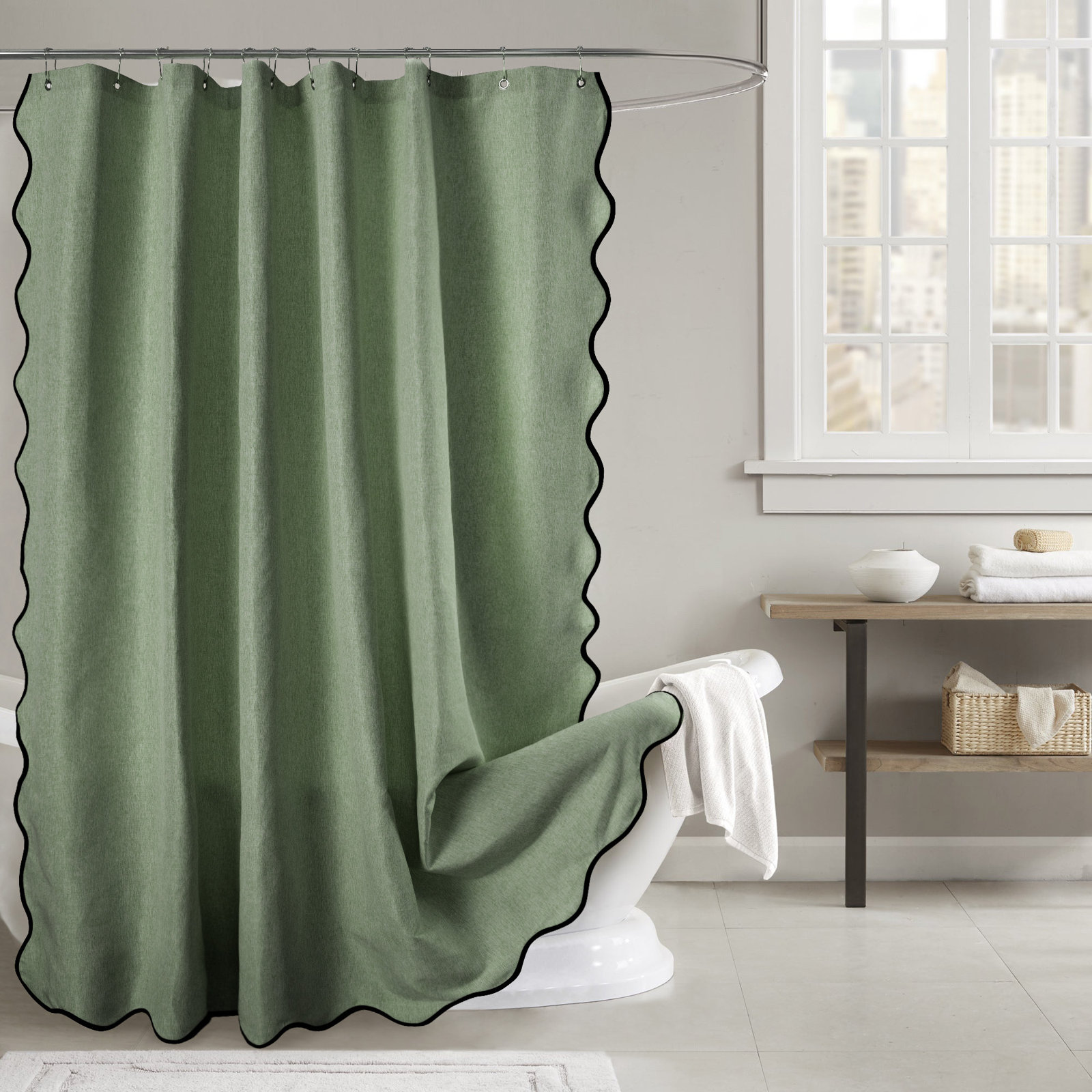 Farmhouse Linen Textured Scalloped Edge Shower Curtain, Sage, 72" H x 72" W