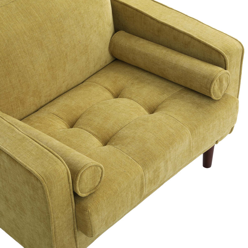 Fauteuil club capitonné en chenille à accoudoirs carrés avec 2 coussins, Jaune