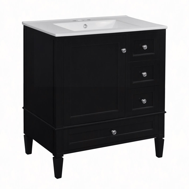 Meuble-lavabo de 30 po avec lavabo en céramique, armoire de rangement à 3 tiroirs, idéal pour la maison, Noir, Blanc