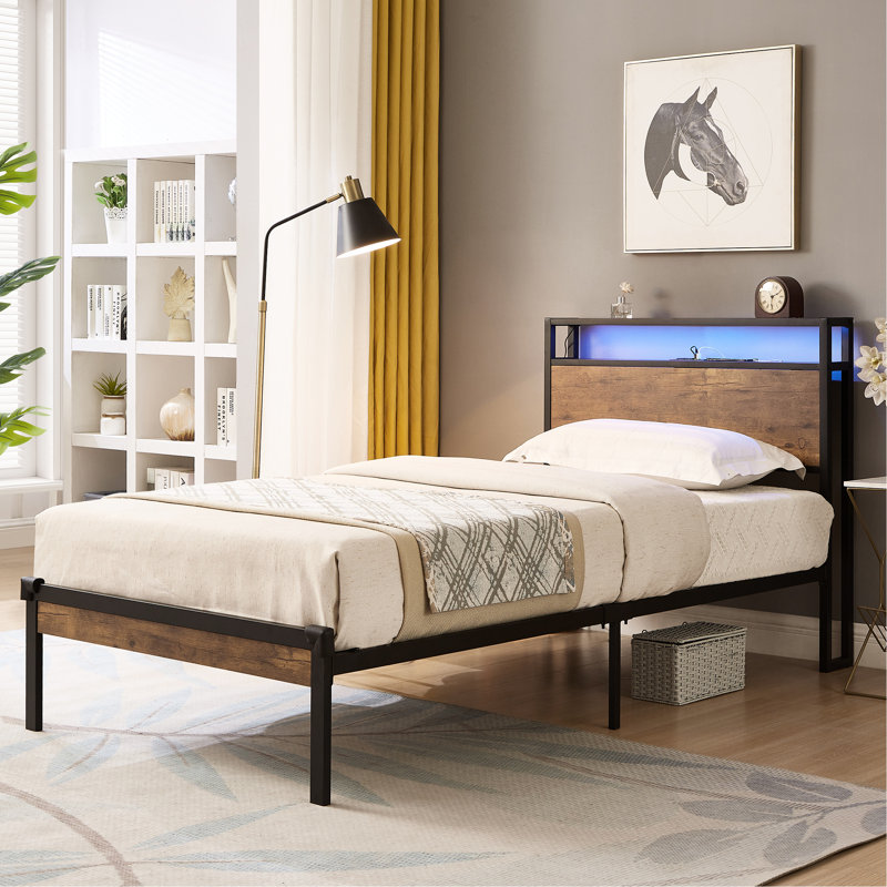 Twin Metal Platform Bed With Wooden Headboard & , Port, Led Lighting, Remote Control Availability, No Box Spring Required, Copious Under Storage Facility, Easy Assembly Mode, Modern Style