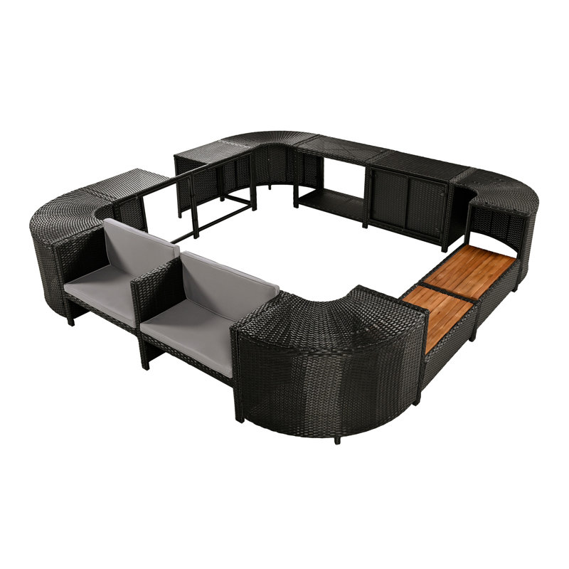 Ensemble de canapé modulaire en rotin quadrilatéral avec cadre mini spa, sièges en bois et espaces de rangement Spa, Gris
