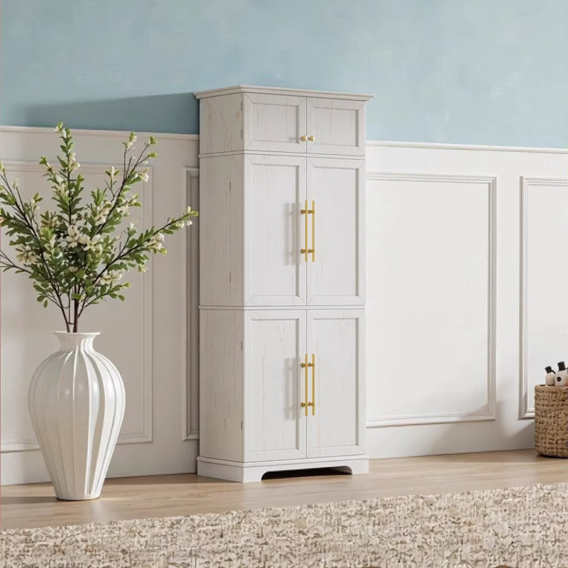 K&K - Armoire de cuisine de style campagnard haut de 78,2 po avec 8 tablettes de porte, 4 tablettes réglables, tiroir caché et support à vin - Blanc rétro
