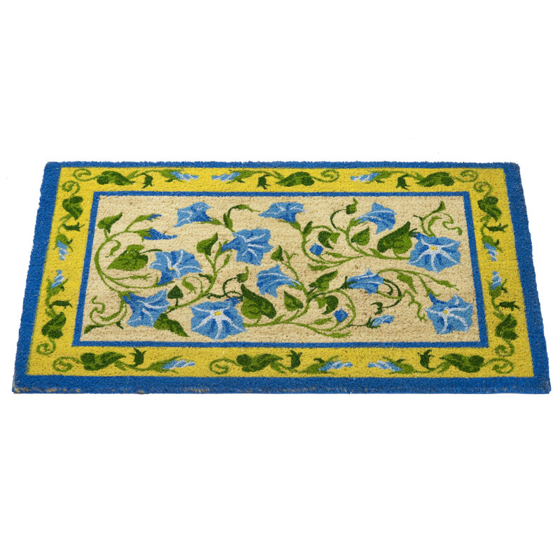 Morning Glory Blue and Yellow Coir Non-Slip Rectangular Doormat
